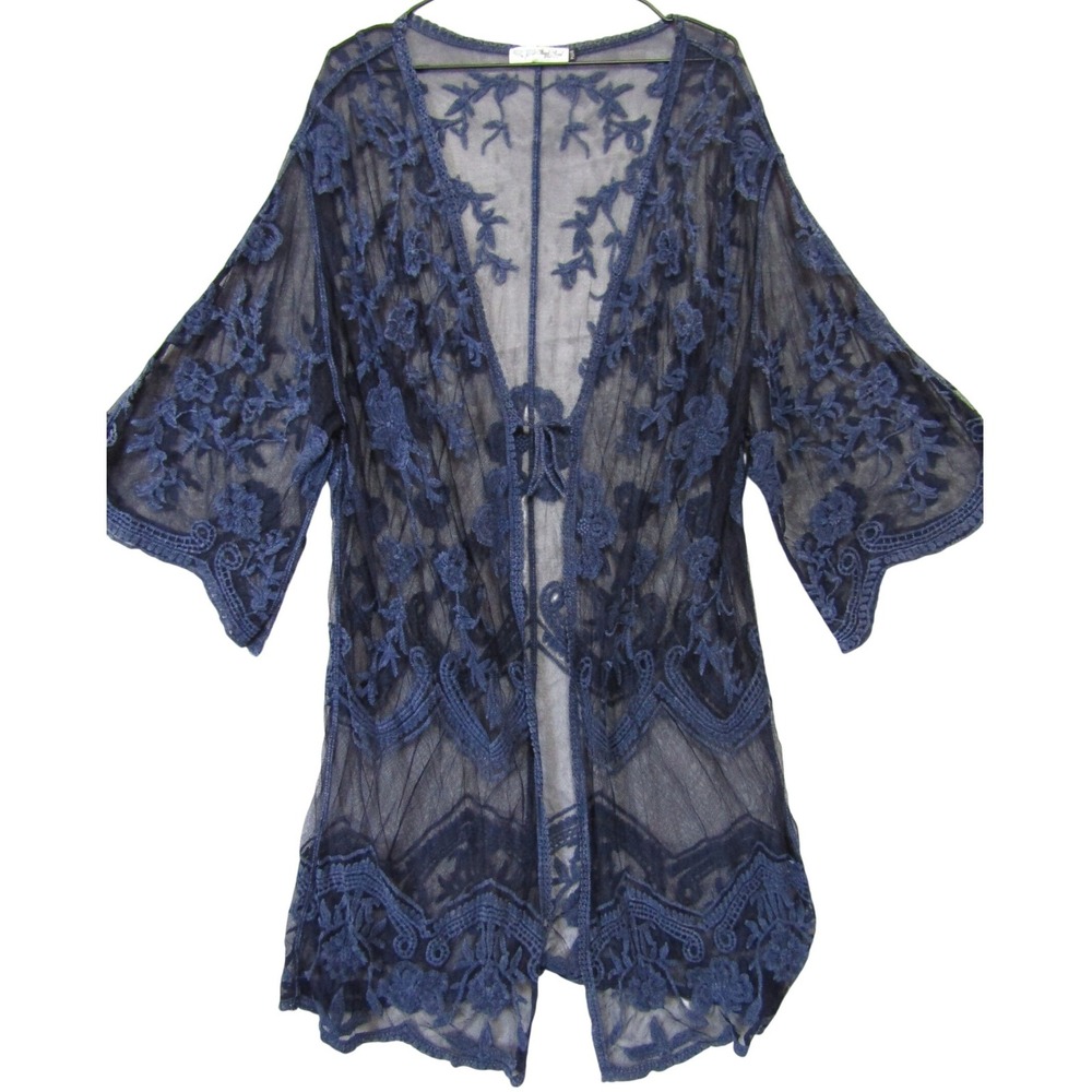 Embroidered Navy Sheer Open-Front Cardigan